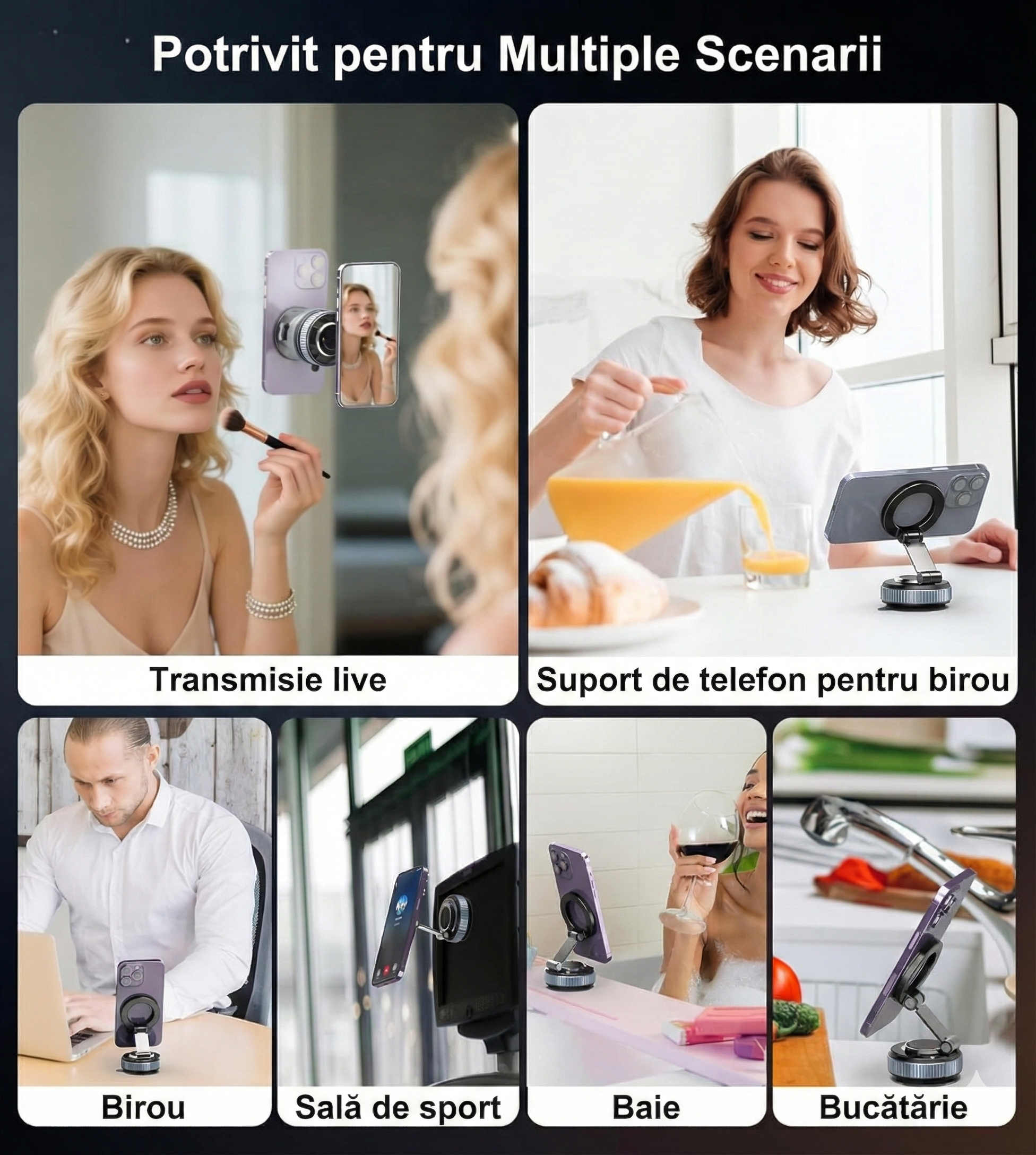 Suport magnetic premium pentru telefon – pliabil, rotativ 360°, cu prindere vacuum ultra-puternică,