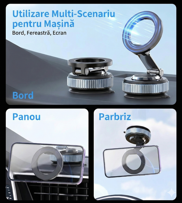 Suport magnetic premium pentru telefon – pliabil, rotativ 360°, cu prindere vacuum ultra-puternică,