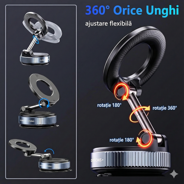 Suport magnetic premium pentru telefon – pliabil, rotativ 360°, cu prindere vacuum ultra-puternică,